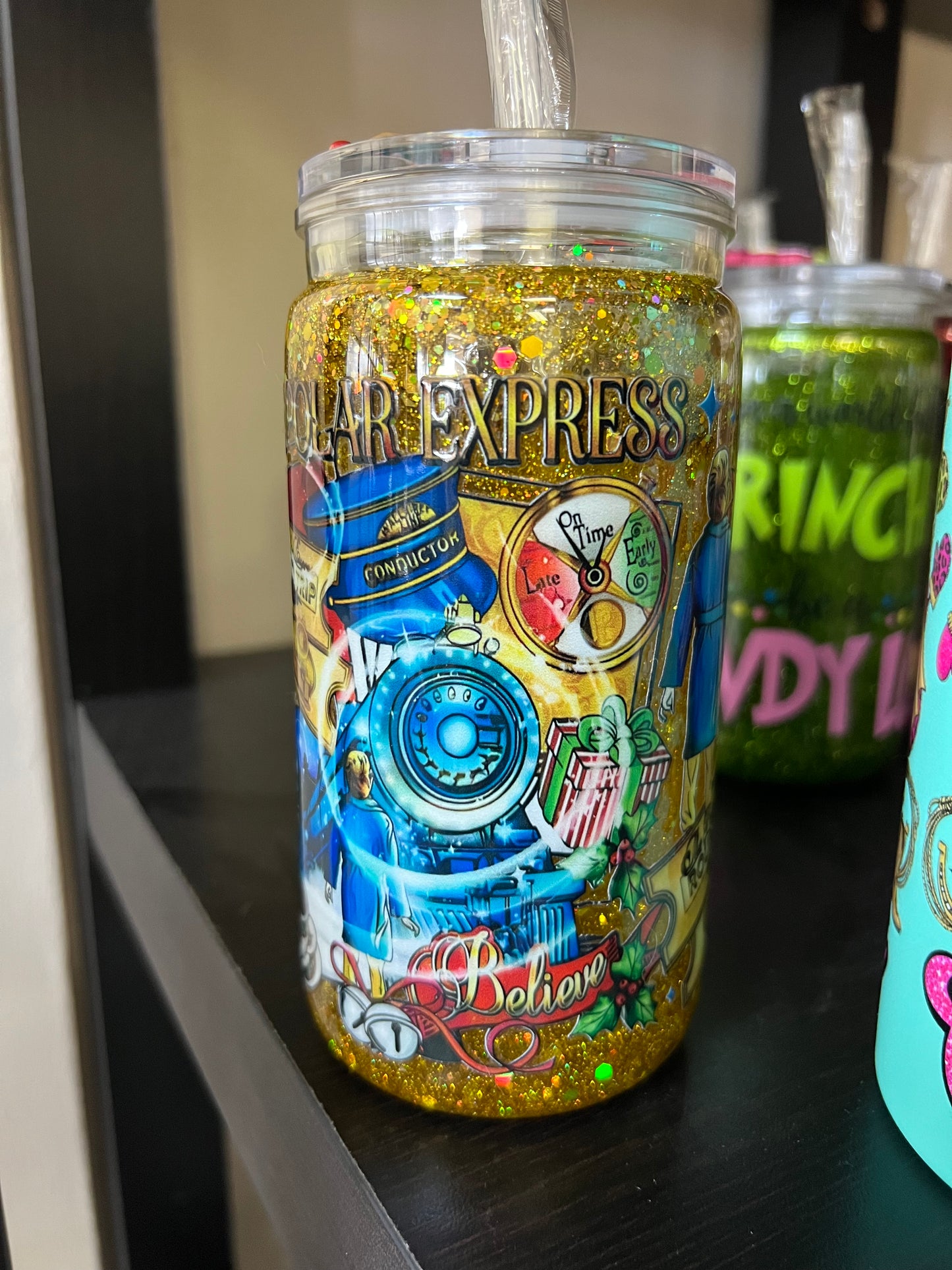 Polar express snow globe tumbler with decorated lid