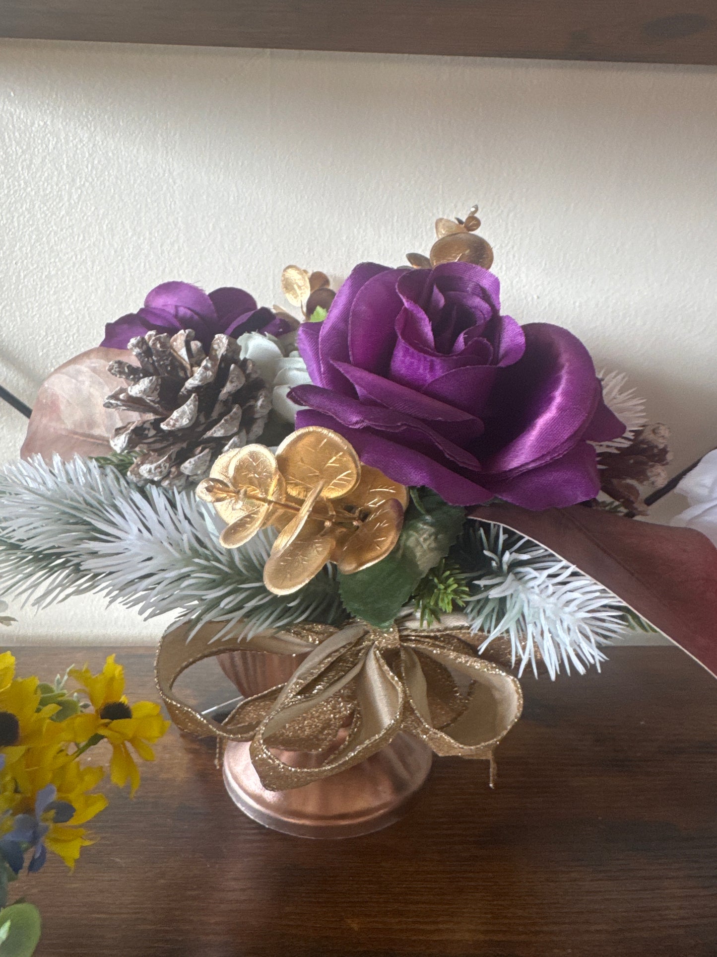 Copper vase with purple and green