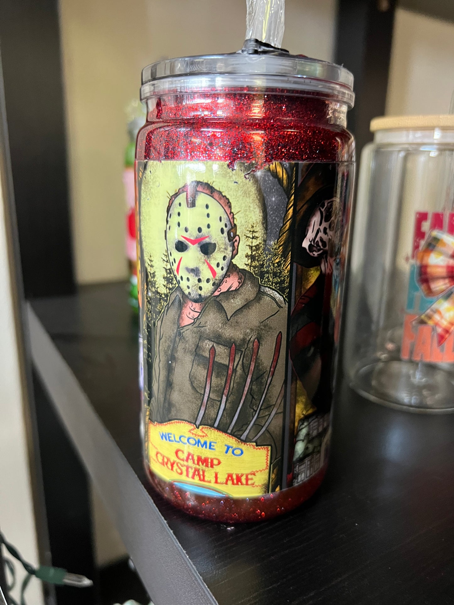 Halloween snow globe tumbler with decorated lid