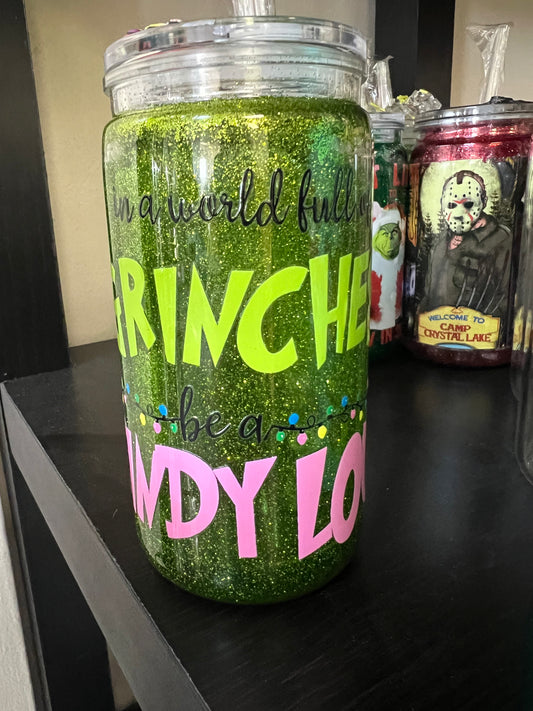 Grinch snow globe tumbler with decorated lid