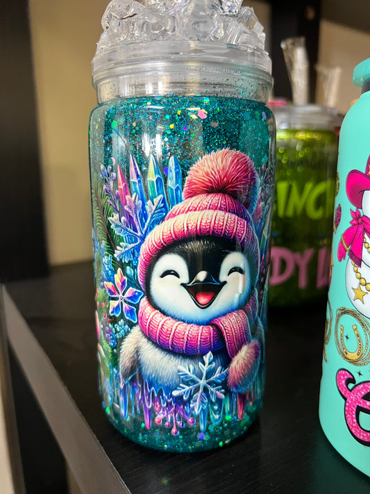 Penguin snow globe tumbler with decorated lid